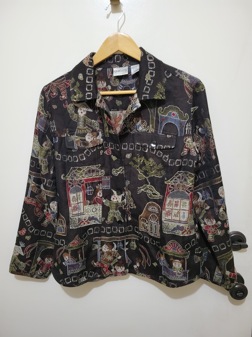 Chico's Black Silk Tapestry Oriental Multicolor Printed Button-Front Jacket
